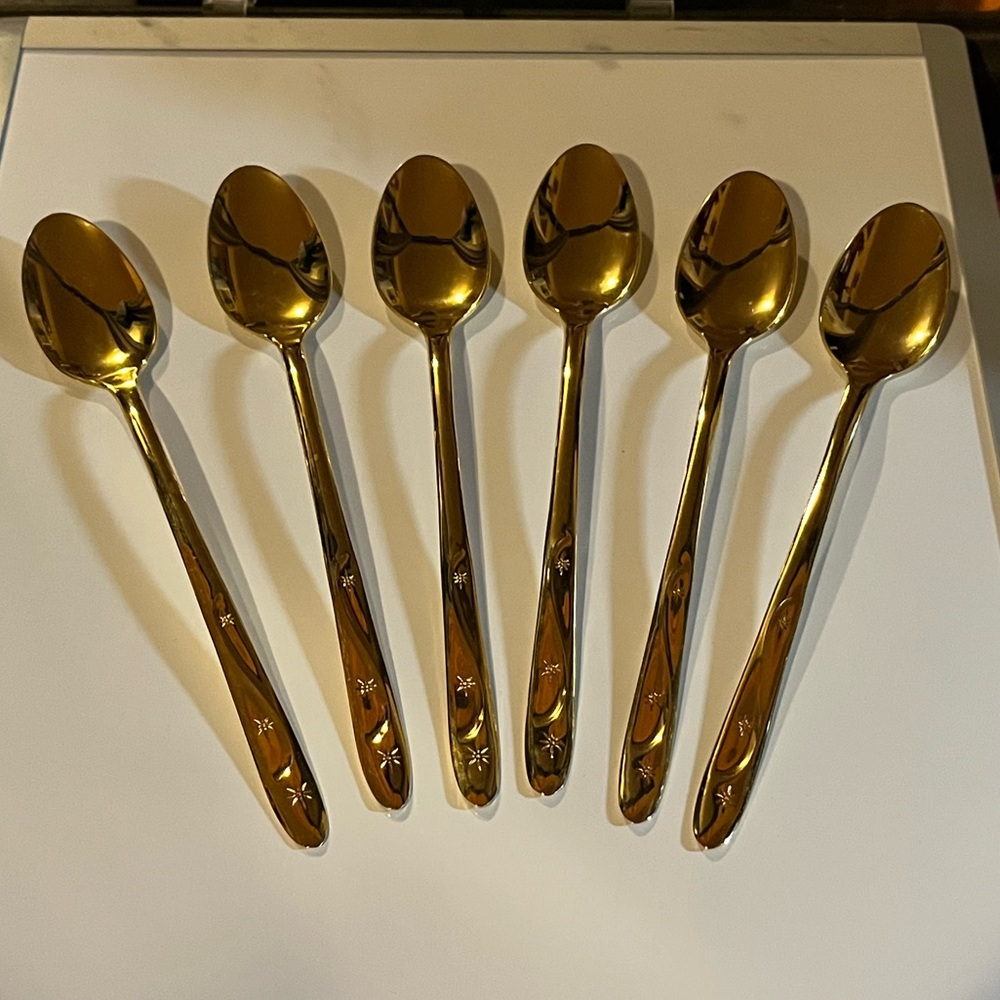 6 Retro MCM Gold Tone Americana Star Stainless Flatware Spoons Atomic Starburst